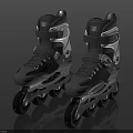 Black And Silver Inline Skates With Wheels On Black Background And Reflection