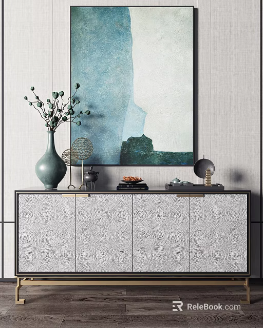 Modern Entryway Console Table With Green Vase Decorative Items And Wall Art 3d model