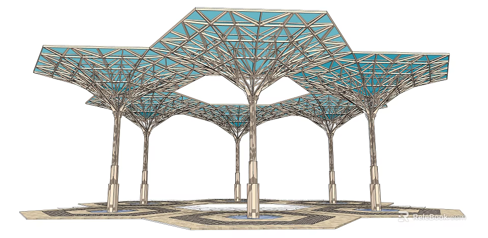 Modern Outdoor Hexagonal Structure With Blue Transparent Roof And Supporting Columns 3d model 