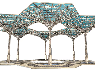 Modern Outdoor Hexagonal Structure With Blue Transparent Roof And Supporting Columns 3d model