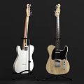 Two Electric Guitars White And Wooden Color Displayed On Stands With White Background