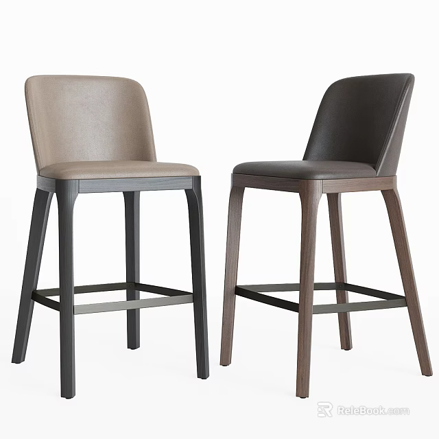 Modern Leather Bar Stools With Light And Dark Brown Tones And Wooden Legs 3d model 