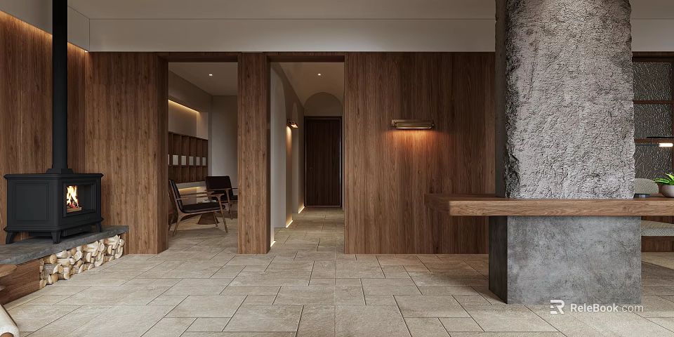Hotel Public Lounge Area With Wooden Walls Stone Floor And Wall Mounted Lights 3d model 