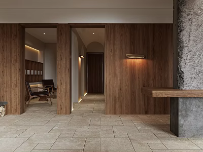 Hotel Public Lounge Area With Wooden Walls Stone Floor And Wall Mounted Lights 3d model