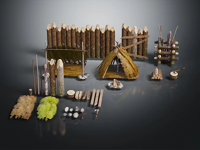 Handmade Camping Tent With Wooden Fence Poles Straw Mats And Tools 3d model