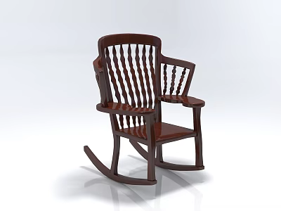 Traditional Wooden Rocking Chair With Dark Brown Finish And Vertical Slat Back Armrests 3d model