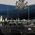 Modern Bar Interior With Large Windows City Skyline View And Chandelier Seating