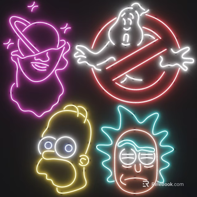 Neon Decorative Lights With Colorful Cartoon Character Designs And Glowing Lines On Black Background 3d model 
