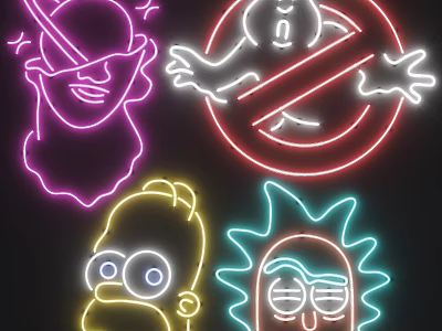 Neon Decorative Lights With Colorful Cartoon Character Designs And Glowing Lines On Black Background 3d model