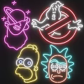 Neon Decorative Lights With Colorful Cartoon Character Designs And Glowing Lines On Black Background