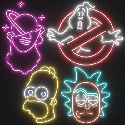 Neon Decorative Lights With Colorful Cartoon Character Designs And Glowing Lines On Black Background 3d model
