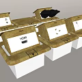 3D Model Decorative Structures Featuring Golden Roofs White Bases Black Objects And Label Tags 3d model