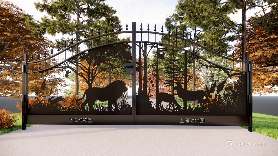 Decorative Iron Entrance Gate With Lion Deer Silhouettes And Tree Patterns 3d model 