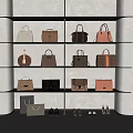 Luxury Bags on Illuminated Shelves Featuring Various Styles Colors and Shoes