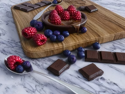 Fresh Raspberries And Blueberries With Chocolate Pieces On Wooden Cutting Board 3d model