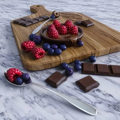 Fresh Raspberries And Blueberries With Chocolate Pieces On Wooden Cutting Board 3d model