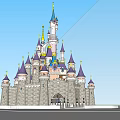 Ancient Architecture Castle With Purple Spires Blue Tower Tops Gray Walls And Entrance Steps