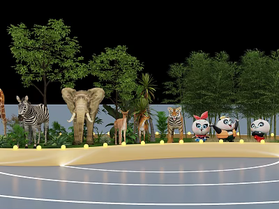 Outdoor Scene With Wild Animals Cartoon Characters And Green Trees On Round Platform 3d model