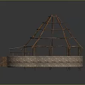 Circular Building Structure With Stone Walls Wooden Frame And Wooden Door On Earthen Ground