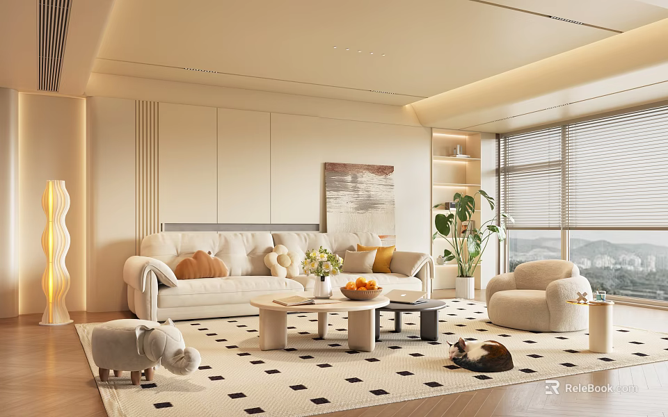 Warm Living Room Interior With Light Sofa Coffee Table Checkered Rug And Potted Plant 3d model 
