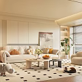 Warm Living Room Interior With Light Sofa Coffee Table Checkered Rug And Potted Plant