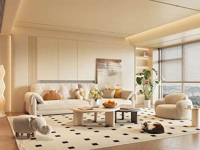 Warm Living Room Interior With Light Sofa Coffee Table Checkered Rug And Potted Plant 3d model