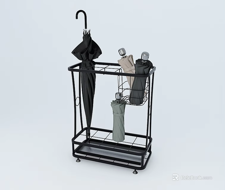 Black Metal Umbrella Stand With Multi Tier Shelves Holding Different Colored Umbrellas 3d model 