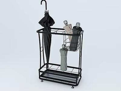 Black Metal Umbrella Stand With Multi Tier Shelves Holding Different Colored Umbrellas 3d model