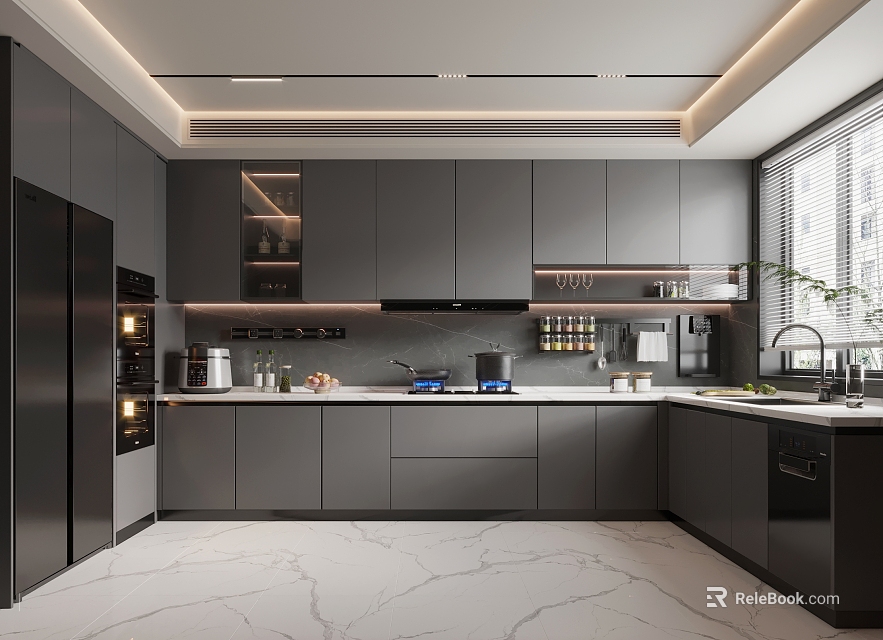 Modern Kitchen Interior Design With Gray Cabinets Marble Countertops And Built In Appliances 3d model 