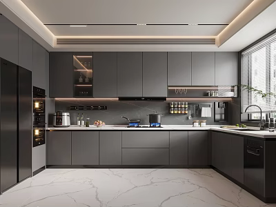 Modern Kitchen Interior Design With Gray Cabinets Marble Countertops And Built In Appliances 3d model