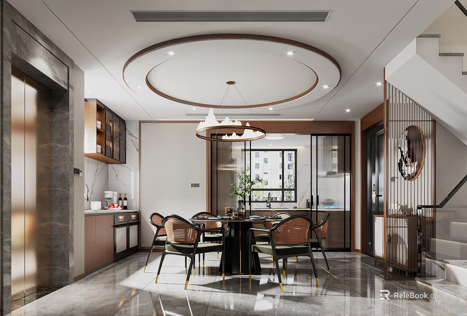 Modern Dining Living Room Interior With Round Table Chairs Pendant Light And Open Layout 3d model