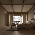 Minimalist Hotel Guest Room Interior With Wooden Ceiling Beams Bedside Lamps And Decorative Art