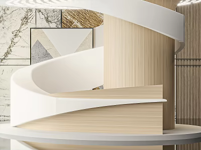 Modern Style Reception Desk With White And Wooden Curved Design Marble Backdrop And Decorative Paintings 3d model