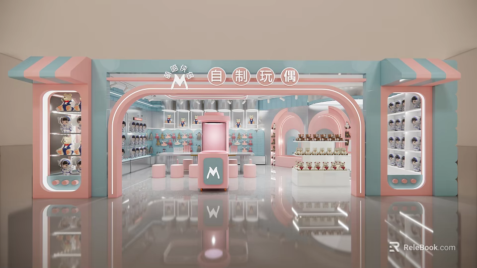 Pastel Pink Blue Homemade Dolls Shop In Mall With Arch Entrance And Display Shelves 3d model 