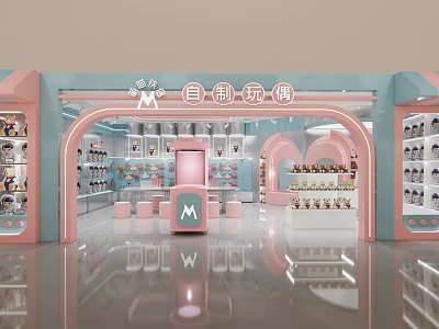 Pastel Pink Blue Homemade Dolls Shop In Mall With Arch Entrance And Display Shelves 3d model