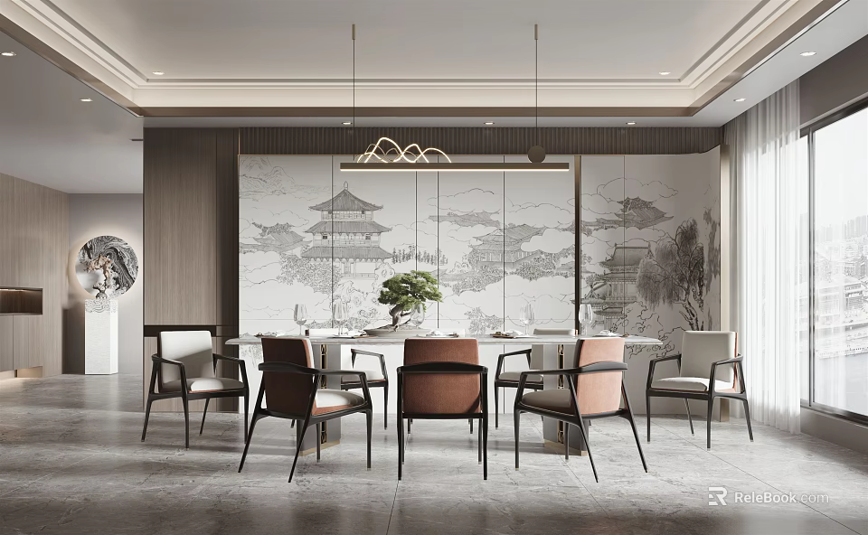 Chinese Style Restaurant Interior With Mountain Water Mural Hanging Lights Dining Table And Chairs 3d model 