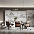 Chinese Style Restaurant Interior With Mountain Water Mural Hanging Lights Dining Table And Chairs