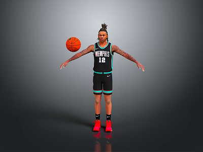 Man in Memphis Number 12 Basketball Jersey with Tattoos Holding Ball and Red Shoes 3d model