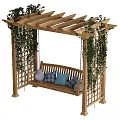Outdoor Wooden Swing Bench Under Pergola With Climbing Vines And Plaid Blue Cushions