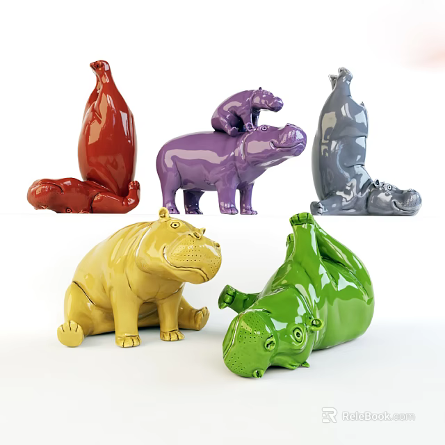 Decorative Hippo Ornament Set with Colorful Designs and Various Poses for Home Decor 3d model 