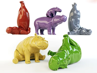 Decorative Hippo Ornament Set with Colorful Designs and Various Poses for Home Decor 3d model