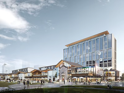Commercial Street Showcasing Modern Traditional Architecture Glass Curtain Walls Low Rise Buildings and Bustling Pedestrians 3d model