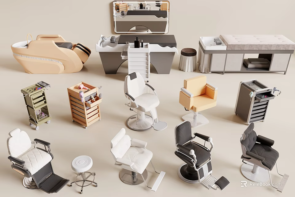 Beauty Salon Furniture And Equipment Including Styling Chairs Trolleys And Shampoo Stations 3d model 