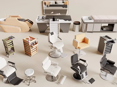 Beauty Salon Furniture And Equipment Including Styling Chairs Trolleys And Shampoo Stations 3d model
