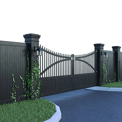 Black Arched Driveway Gate With Pillars Lamps And Green Vines 3d model Black Arched Driveway Gate With Pillars Lamps And Green Vines 3d model