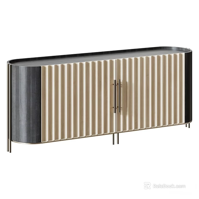 Modern TV Stand With Ribbed Front Doors Beige And Black Finish Metal Handles And Legs 3d model 