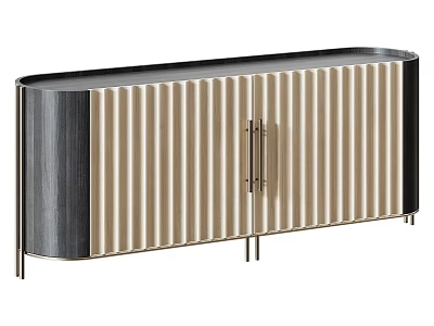 Modern TV Stand With Ribbed Front Doors Beige And Black Finish Metal Handles And Legs 3d model
