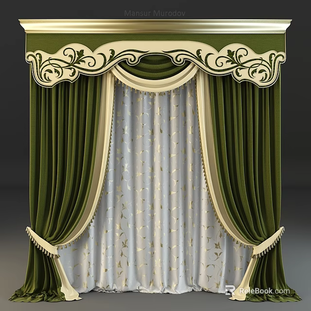 Elegant Green Curtains With Intricate Golden Decor And White Sheer Layers 3d model 