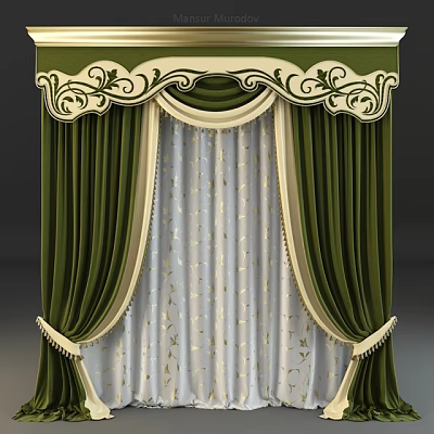 Elegant Green Curtains With Intricate Golden Decor And White Sheer Layers 3d model