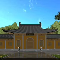 Traditional Chinese Ancient Building with Yellow Walls Black Roof Eaves and Courtyard Surrounded by Trees